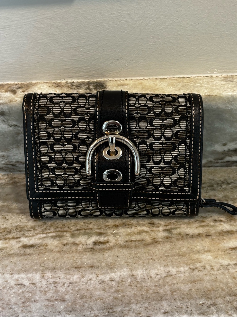 Coach Signature Mini C Canvas Flap French Purse / Buckle Wallet